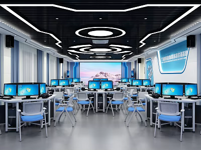School Modern Computer Lab Equipped with Computers Desks and Large Interactive Screen 3d model