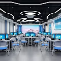 School Modern Computer Lab Equipped with Computers Desks and Large Interactive Screen