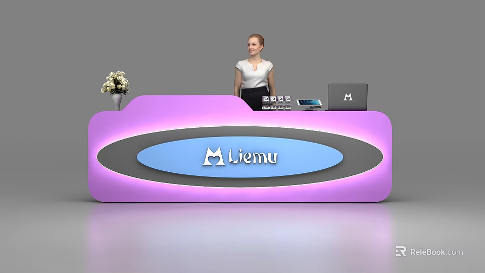Purple Liemu Logo Reception Desk With Female Receptionist Vase And Laptop 3d model 