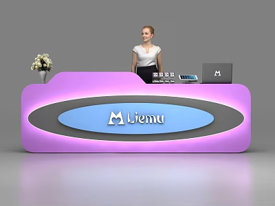 Purple Liemu Logo Reception Desk With Female Receptionist Vase And Laptop 3d model