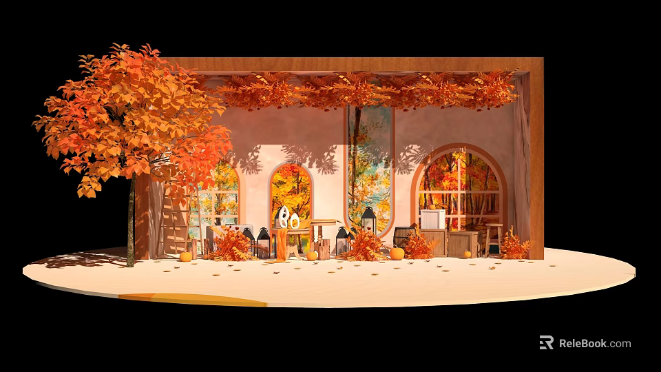Autumn Themed Photo Spot With Wooden Frame Arched Windows Orange Leaves And Tables 3d model 
