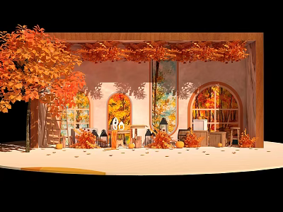 Autumn Themed Photo Spot With Wooden Frame Arched Windows Orange Leaves And Tables 3d model