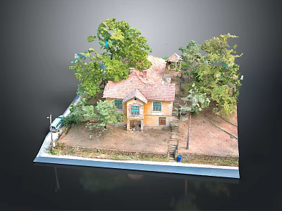 Cartoon Scene Featuring Yellow House Red Roof Surrounding Green Trees And Dirt Pathway 3d model