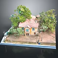 Cartoon Scene Featuring Yellow House Red Roof Surrounding Green Trees And Dirt Pathway