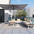 Modern Terrace Garden Featuring Large Umbrella Outdoor Sofa Coffee Table Gray Tiles And Glass Railing