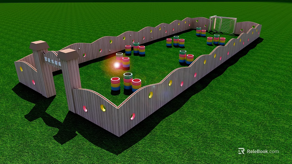 Outdoor Interactive Area With Wooden Fence Colorful Barrels And Grass Field 3d model 