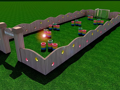 Outdoor Interactive Area With Wooden Fence Colorful Barrels And Grass Field 3d model
