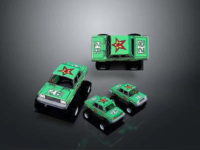 Green Toy Cars With Red Star Design And Military Style Details 3d model