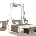 Modern Minimalist Double Bed With Wooden Headboard White Canopy And Brown Pillows