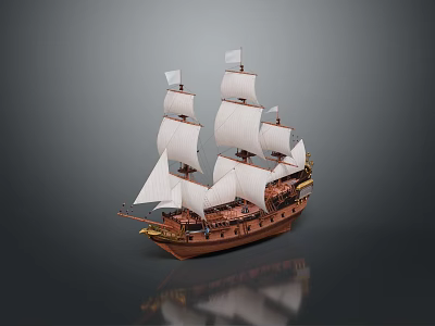 Vintage Wooden Sailing Ship Model With White Sails And Detailed Design 3d model