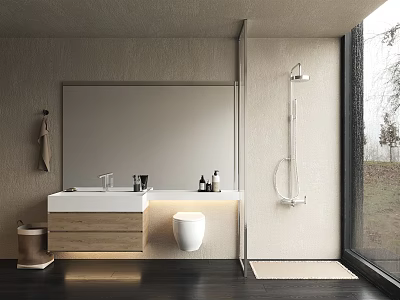 Modern Bathroom Sink Vanity With Large Mirror Faucet Toiletries White Toilet And Shower Fixture 3d model
