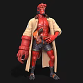 Red Horned Game Movie Character With Beige Trench Coat Black Shorts And Mechanical Claw