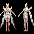 Elegant Game Movie Characters In White Blue Green Costumes With Wing Decorations And Golden Crown