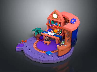Whimsical Workstation With Pink Orange Structure Purple Stone Floor Circular Rug Books And Palm Plant 3d model
