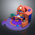Whimsical Workstation With Pink Orange Structure Purple Stone Floor Circular Rug Books And Palm Plant