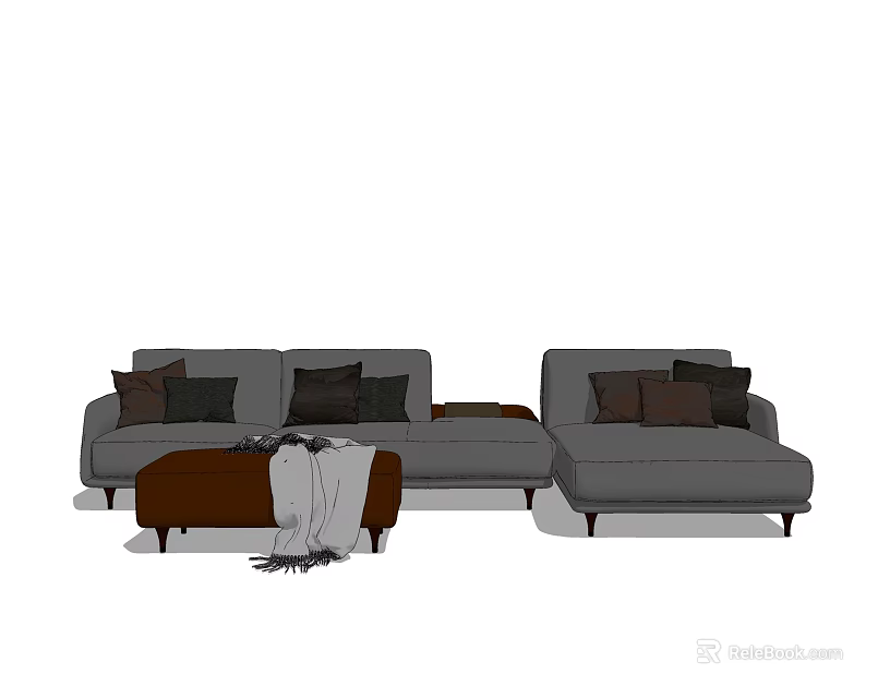 L shaped Gray Sofa Set With Dark Cushions And Brown Ottoman Blanket 3d model