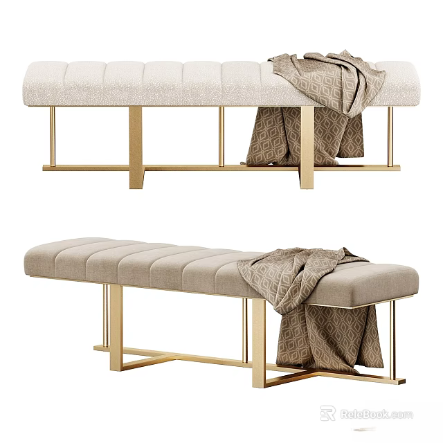 Modern Upholstered Bench With Beige Cushion Gold Metal Legs And Draped Blanket 3d model 