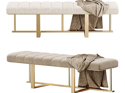 Modern Upholstered Bench With Beige Cushion Gold Metal Legs And Draped Blanket 3d model
