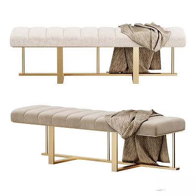 Modern Upholstered Bench With Beige Cushion Gold Metal Legs And Draped Blanket 3d model