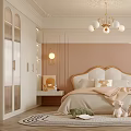 Cream Colored Bedroom Interior With Ornate Headboard Chandelier Wall Sconces And Stuffed Toys