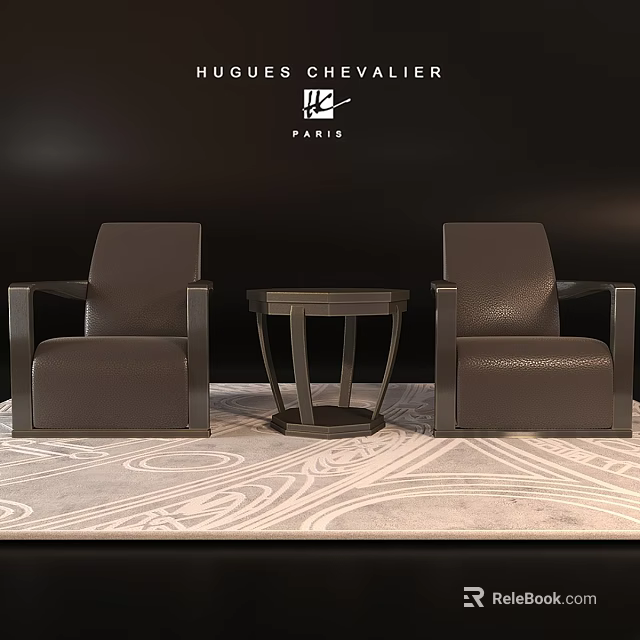 Modern Leather Leisure Chairs With Accent Table And Patterned Rug In Living Space 3d model 