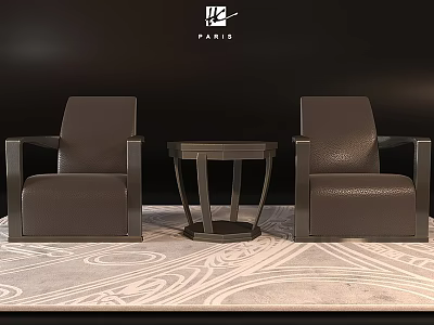 Modern Leather Leisure Chairs With Accent Table And Patterned Rug In Living Space 3d model