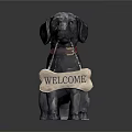 Black and White Dog Statue With Red Collar Holding Bone Shaped Welcome Sign