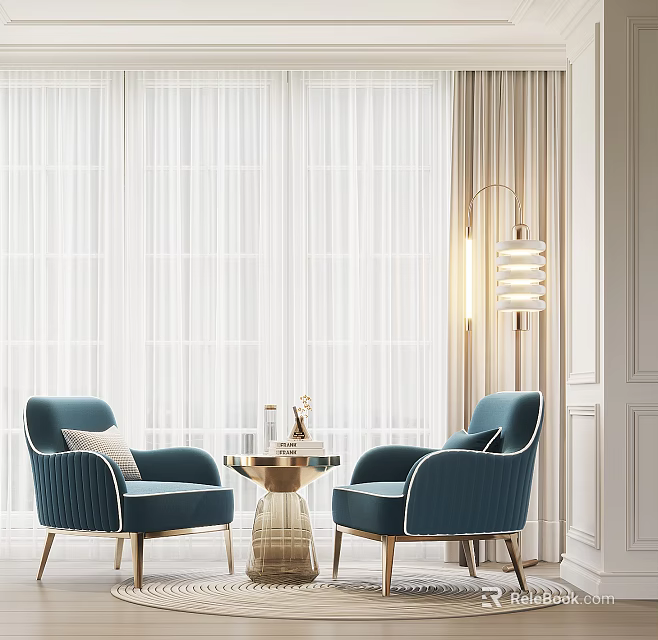 Modern Blue Leisure Sofa Combination With Comfortable Armchairs Coffee Table Floor Lamp And Window Curtains 3d model 