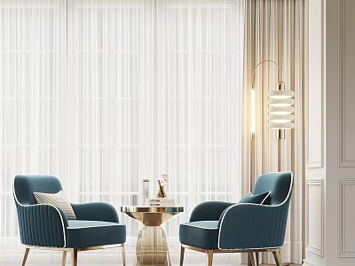 Modern Blue Leisure Sofa Combination With Comfortable Armchairs Coffee Table Floor Lamp And Window Curtains 3d model