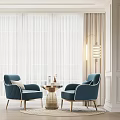 Modern Blue Leisure Sofa Combination With Comfortable Armchairs Coffee Table Floor Lamp And Window Curtains