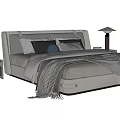 Stylish Double Bed With Upholstered Headboard Decorative Pillows And Plaid Blanket
