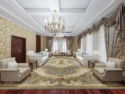 Luxurious Hotel Public Lounge Area Interior With Ornate Chandelier Patterned Rug And Beige Sofas 3d model