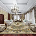 Luxurious Hotel Public Lounge Area Interior With Ornate Chandelier Patterned Rug And Beige Sofas