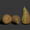 Three Yellow And Orange Speckled Pears On Black Smooth Surface With Reflections