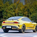 Yellow Sports Car With Racing Stripes On Wooded Road Surface