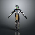 Futuristic Game Movie Character With Silver Black Armor Green Eyes And Chest Design