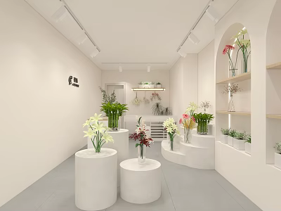 Flower Store Interior With Round Platforms Arched Display Shelves And Various Flowers Green Plants 3d model