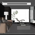 Modern Living Room Interior With Brown Sofa Floor Lamp Accent Chair Plant And Window Blinds
