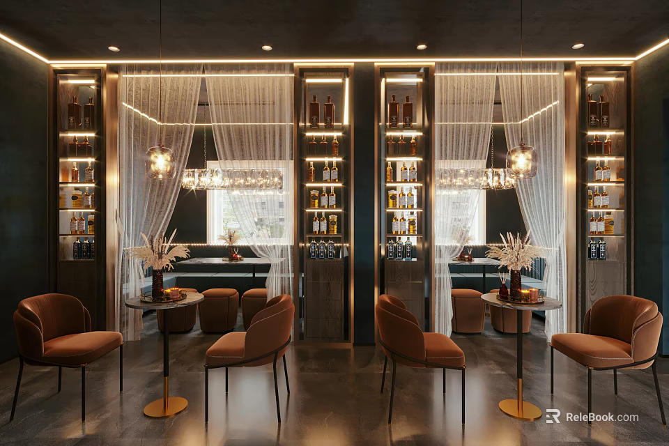 Modern Bar Interior Design With Chandeliers Wine Shelves Curtains And Velvet Chairs 3d model 