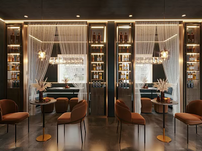 Modern Bar Interior Design With Chandeliers Wine Shelves Curtains And Velvet Chairs 3d model