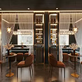 Modern Bar Interior Design With Chandeliers Wine Shelves Curtains And Velvet Chairs