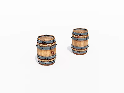 Two Rustic Wooden Barrels With Metal Hoops For Decorative 3d model