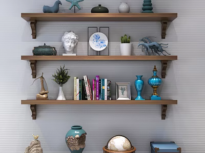 Decorative Ornament Set On Wooden Shelves With Sculpture Vase Plants Books And Globe 3d model
