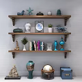 Decorative Ornament Set On Wooden Shelves With Sculpture Vase Plants Books And Globe