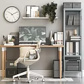 Modern Home Office Desk With Computer Monitor Green Plant Bookshelf Wall Clock And Gray Chair