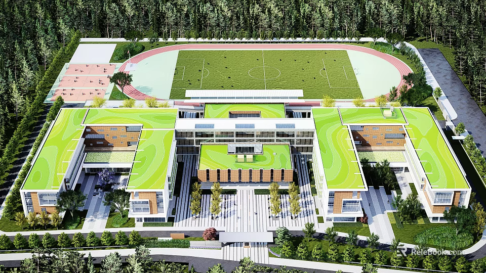 Modern School Building With Green Roof And Sports Field In Tree Surrounded Campus 3d model 