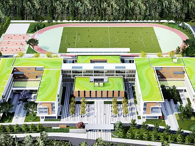 Modern School Building With Green Roof And Sports Field In Tree Surrounded Campus 3d model