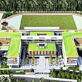 Modern School Building With Green Roof And Sports Field In Tree Surrounded Campus