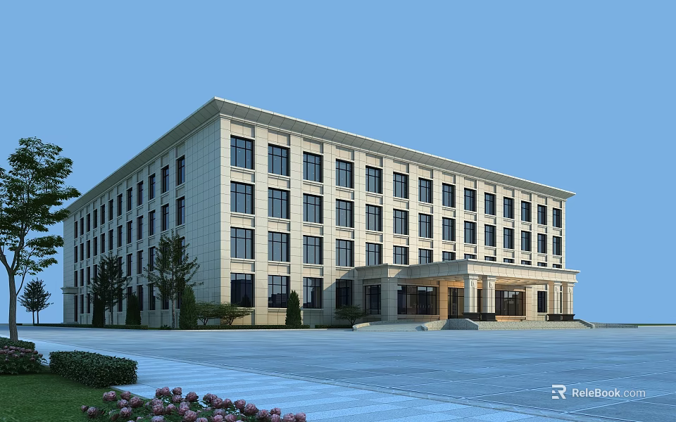 Modern Light Colored Office Building With Numerous Windows Symmetrical Design And Front Plaza Greenery 3d model 