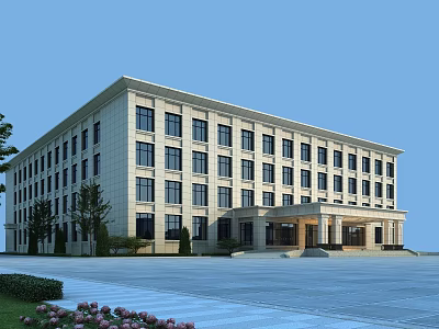 Modern Light Colored Office Building With Numerous Windows Symmetrical Design And Front Plaza Greenery 3d model